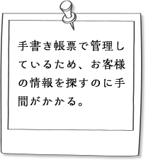 手書き帳票で管理しているため、お客様の情報を探すのに手間がかかる。