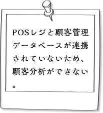 POSレジと顧客管理データベースが連携されていないため、顧客分析ができない。